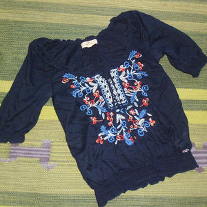 Hollister navy semi sheer boho embroidered top S